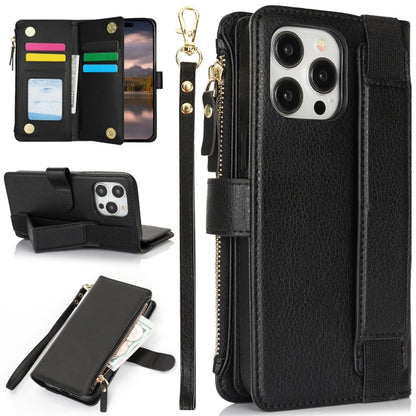 For iPhone 16 Pro Max Wristband Holder Zipper Purse RFID Leather Phone Case(Black) -  by PMC Jewellery | Online Shopping South Africa | PMC Jewellery | Buy Now Pay Later Mobicred