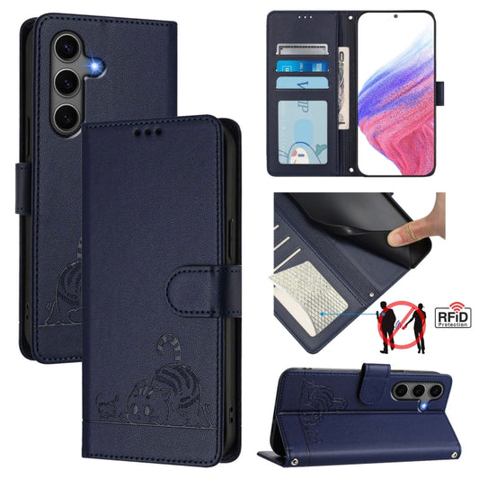 For Samsung Galaxy S25+ 5G Cat Rat Embossed RFID Leather Phone Case with Lanyard(Blue) - Galaxy S25+ 5G Cases by PMC Jewellery | Online Shopping South Africa | PMC Jewellery | Buy Now Pay Later Mobicred