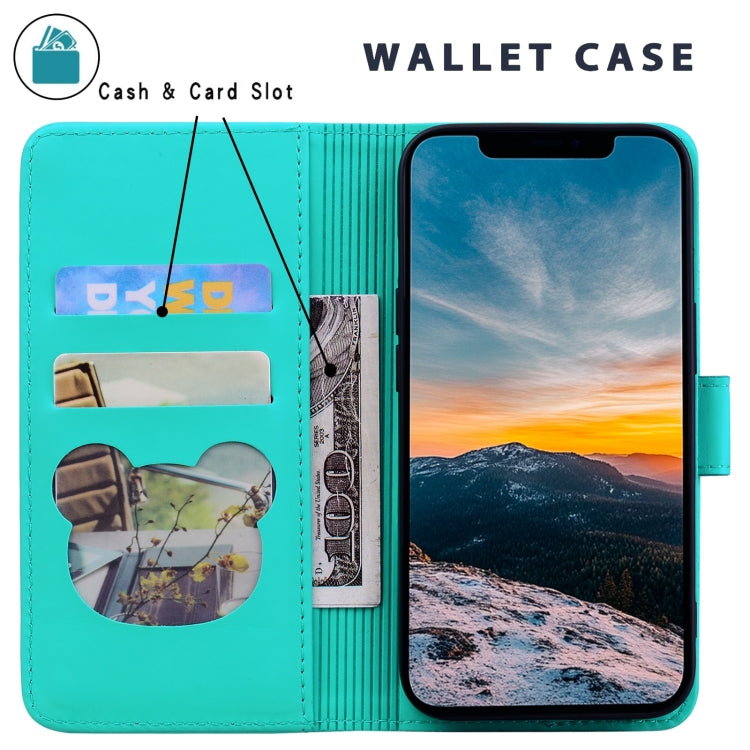 For iPhone 16e Cute Cat Embossed Leather Phone Case(Lake Blue) - iPhone 16e Cases by PMC TechLife | Online Shopping South Africa | PMC TechLife | Buy Now Pay Later Mobicred