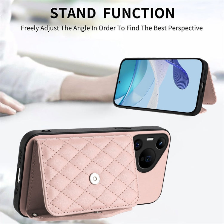 For Huawei Pura 70 Pro / 70 Pro+ Rhombic Texture Card Bag RFID Phone Case with Long Lanyard(Rose Gold) - Huawei Cases by PMC Jewellery | Online Shopping South Africa | PMC Jewellery | Buy Now Pay Later Mobicred