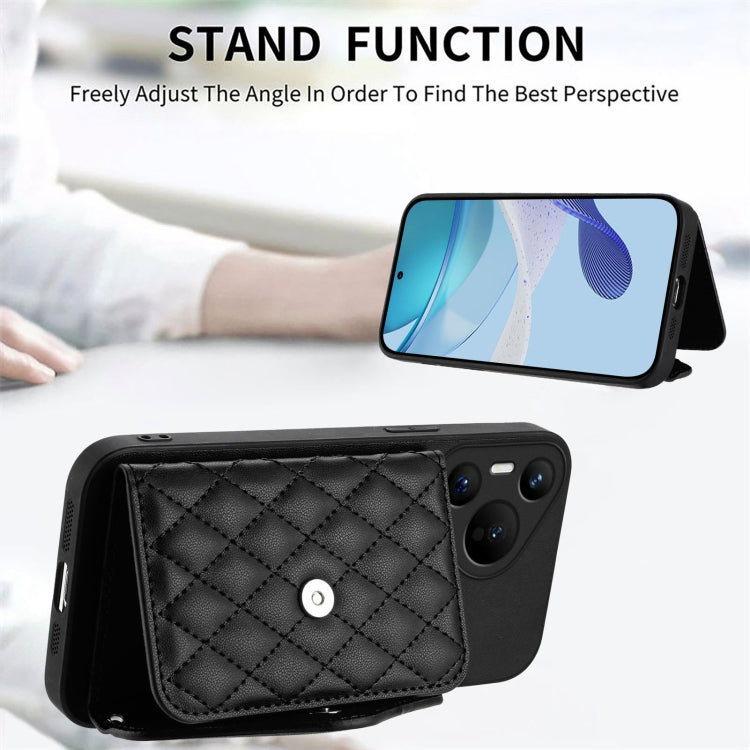 For Huawei Pura 70 Rhombic Texture Card Bag RFID Phone Case with Long Lanyard(Black) - Huawei Cases by PMC Jewellery | Online Shopping South Africa | PMC Jewellery | Buy Now Pay Later Mobicred