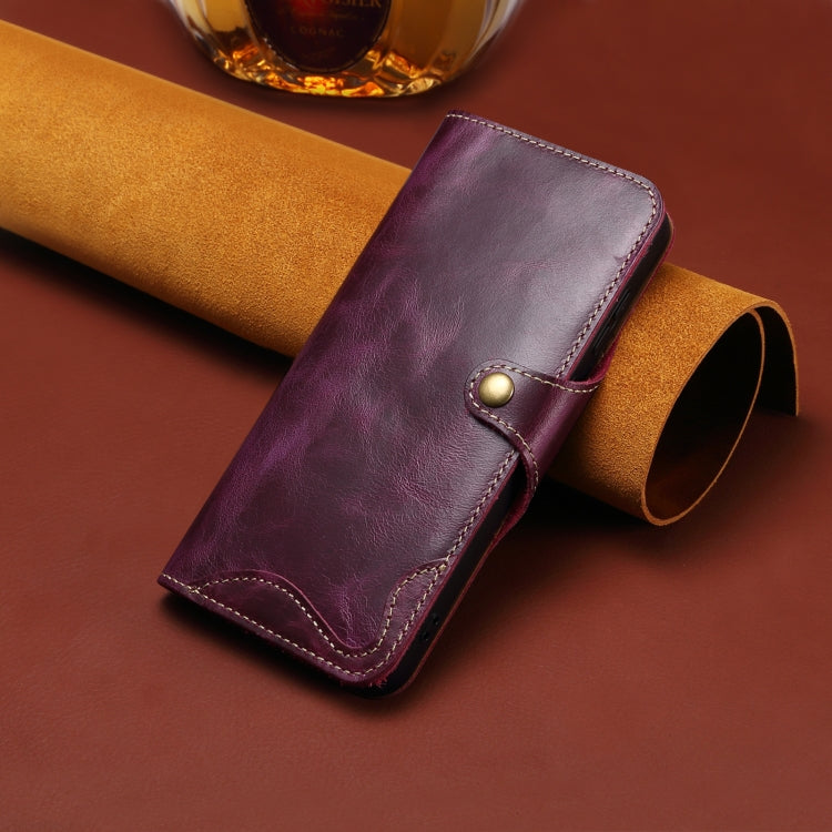 For iPhone 16 Denior B01 Oil Wax Cowhide Magnetic Button Genuine Leather Case(Purple) - iPhone 16 Cases by Denior | Online Shopping South Africa | PMC Jewellery | Buy Now Pay Later Mobicred