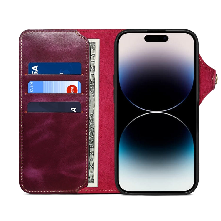 For iPhone 16 Denior B01 Oil Wax Cowhide Magnetic Button Genuine Leather Case(Purple) - iPhone 16 Cases by Denior | Online Shopping South Africa | PMC Jewellery | Buy Now Pay Later Mobicred