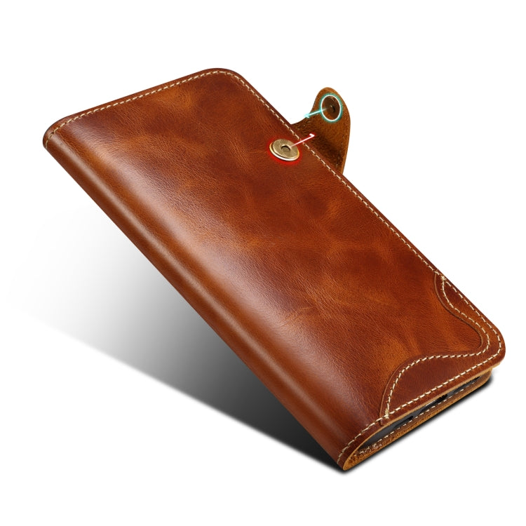 For iPhone 16 Denior B01 Oil Wax Cowhide Magnetic Button Genuine Leather Case(Brown) - iPhone 16 Cases by Denior | Online Shopping South Africa | PMC Jewellery | Buy Now Pay Later Mobicred