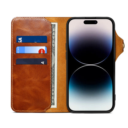 For iPhone 16 Plus Denior B01 Oil Wax Cowhide Magnetic Button Genuine Leather Case(Brown) - iPhone 16 Plus Cases by Denior | Online Shopping South Africa | PMC Jewellery | Buy Now Pay Later Mobicred