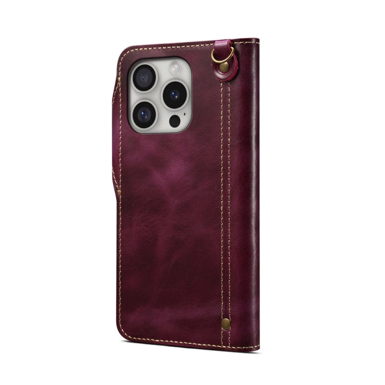 For iPhone 16 Pro Denior B01 Oil Wax Cowhide Magnetic Button Genuine Leather Case(Purple) - iPhone 16 Pro Cases by Denior | Online Shopping South Africa | PMC Jewellery | Buy Now Pay Later Mobicred