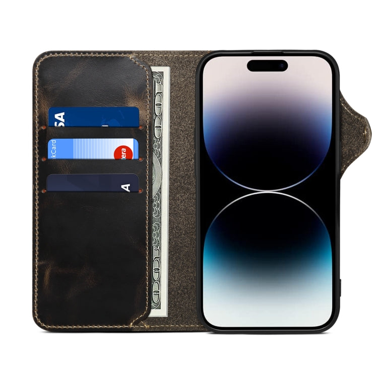 For iPhone 16 Pro Max Denior B01 Oil Wax Cowhide Magnetic Button Genuine Leather Case(Black) - free shipping - PMC Jewellery - Order now!