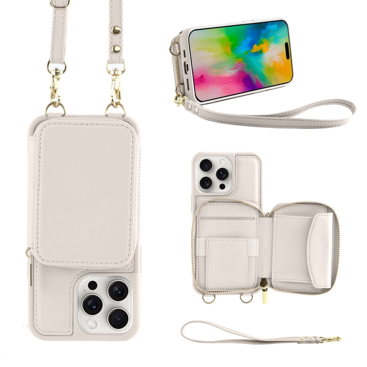 For iPhone 16 Pro Crossbody Zipper Wallet Bag Leather Phone Case with Lanyard(White) - iPhone 16 Pro Cases by PMC Jewellery | Online Shopping South Africa | PMC Jewellery | Buy Now Pay Later Mobicred