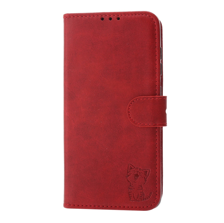 For Samsung Galaxy S25 5G Embossed Happy Cat Pattern Flip Leather Phone Case(Red) - Galaxy S25 5G Cases by PMC Jewellery | Online Shopping South Africa | PMC Jewellery | Buy Now Pay Later Mobicred