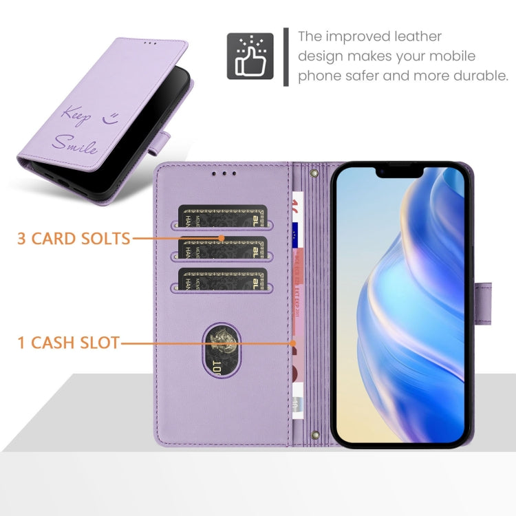 For iPhone 16e Smile Embossing RFID Leather Phone Case(Light Purple) - iPhone 16e Cases by PMC TechLife | Online Shopping South Africa | PMC TechLife | Buy Now Pay Later Mobicred