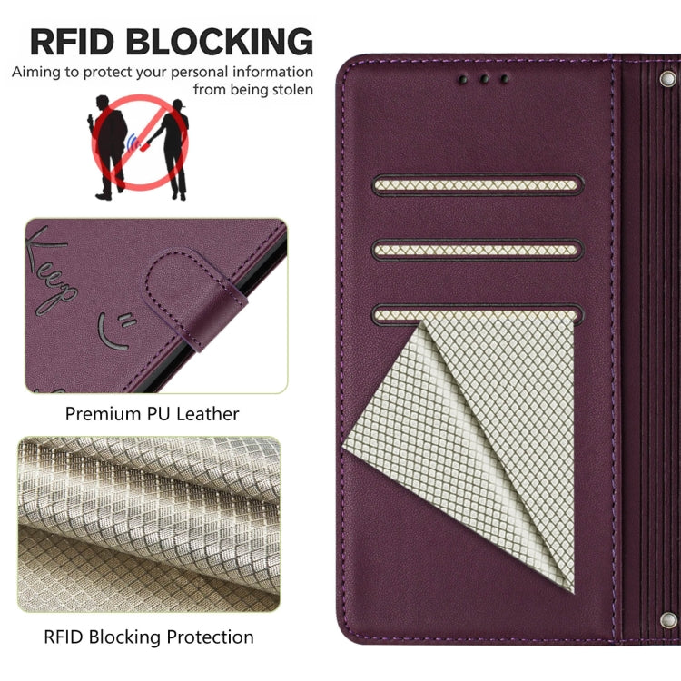 For Redmi K70 Ultra 5G Global Smile Embossing RFID Leather Phone Case(Violet) - Xiaomi Cases by PMC Jewellery | Online Shopping South Africa | PMC Jewellery | Buy Now Pay Later Mobicred