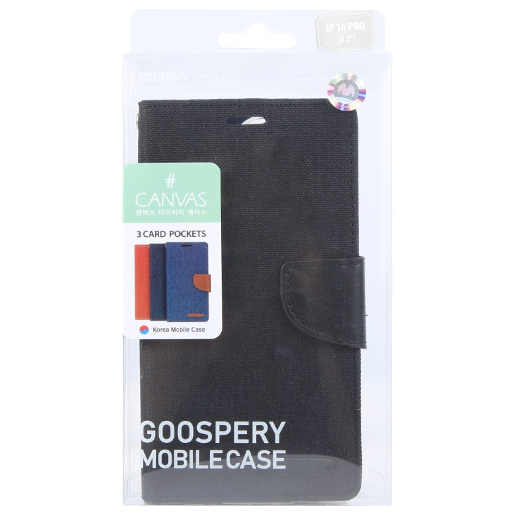 For iPhone 16 Pro GOOSPERY CANVAS DIARY Fabric Texture Flip Leather Phone Case(Black) - iPhone 16 Pro Cases by GOOSPERY | Online Shopping South Africa | PMC Jewellery | Buy Now Pay Later Mobicred