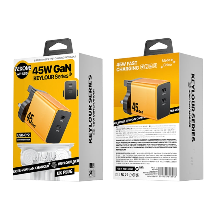 WK WP-U33 45W USB-C / Type-Cx2 GaN Fast Charger, Plug Type:UK Plug(Yellow) - USB Charger by WK | Online Shopping South Africa | PMC TechLife | Buy Now Pay Later Mobicred