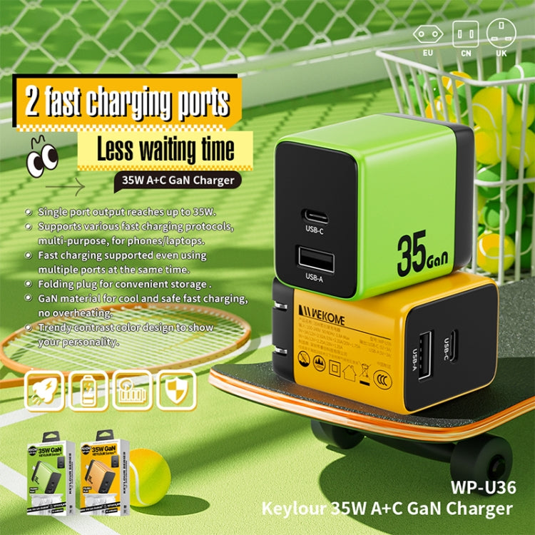 WK WP-U36 35W USB-C / Type-C, USB GaN Fast Charger, Plug Type:EU Plug(Yellow) - free shipping - PMC TechLife - Order now!