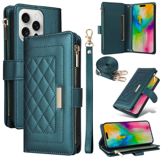 For iPhone 16 Pro Max Crossbody Zipper Wallet Rhombus Leather Phone Case(Green) - iPhone 16 Pro Max Cases by PMC Jewellery | Online Shopping South Africa | PMC Jewellery | Buy Now Pay Later Mobicred