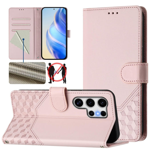 For Samsung Galaxy S25 Ultra 5G Honeycomb Embossing RFID Leather Phone Case(Pink) - Galaxy S25 Ultra 5G Cases by PMC Jewellery | Online Shopping South Africa | PMC Jewellery | Buy Now Pay Later Mobicred