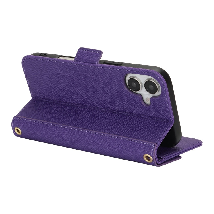 For iPhone 16 Plus Cross Texture Crossbody Lanyard Leather Phone Case(Purple) - iPhone 16 Plus Cases by PMC Jewellery | Online Shopping South Africa | PMC Jewellery | Buy Now Pay Later Mobicred