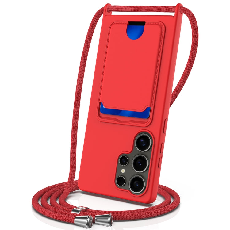 For Samsung Galaxy S25 Ultra 5G Integrated Card Bag Solid Color Liquid Silicone Phone Case with Lanyard(Red) - Galaxy S25 Ultra 5G Cases by PMC Jewellery | Online Shopping South Africa | PMC Jewellery | Buy Now Pay Later Mobicred