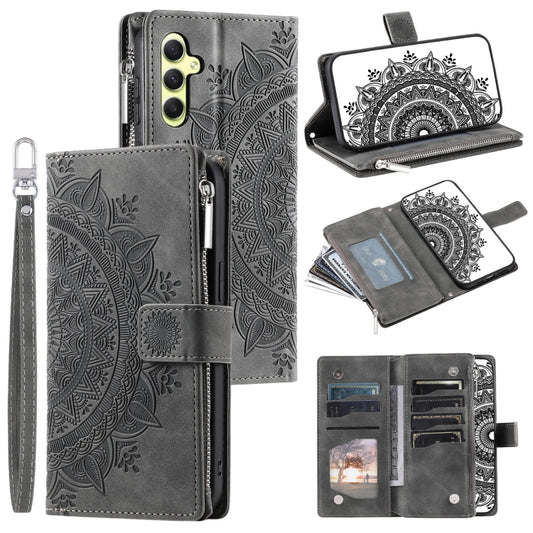 For Samsung Galaxy S25 5G Multi-Card Totem Zipper Leather Phone Case(Grey) - Galaxy S25 5G Cases by PMC Jewellery | Online Shopping South Africa | PMC Jewellery | Buy Now Pay Later Mobicred