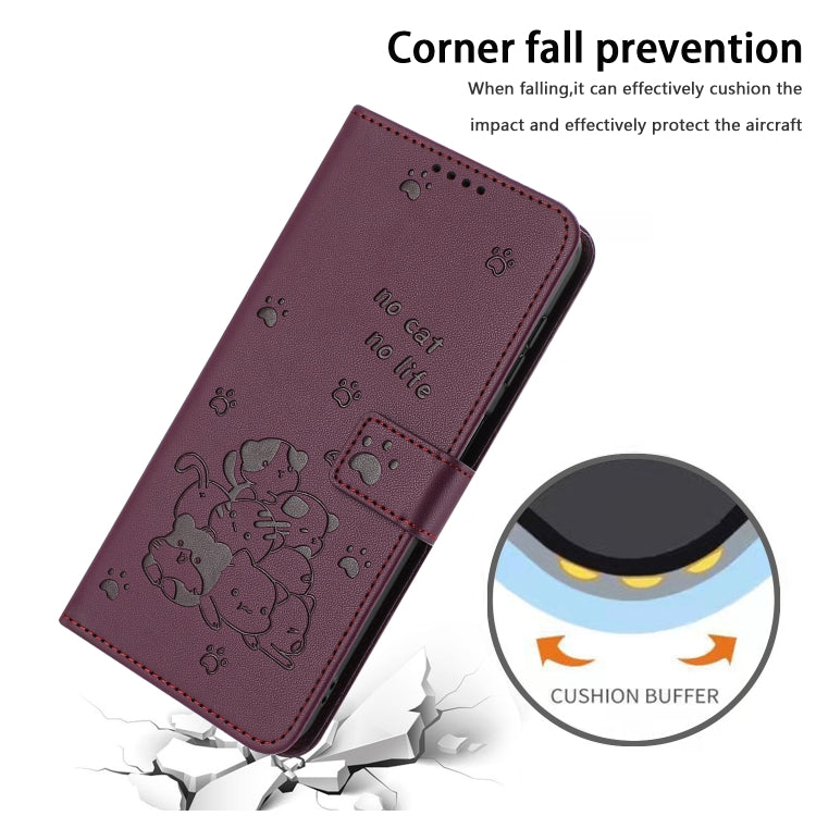 For iPhone 16e Embossed Kitten Phone Leather Case with Lanyard(Wine Red) - iPhone 16e Cases by PMC TechLife | Online Shopping South Africa | PMC TechLife | Buy Now Pay Later Mobicred