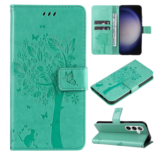 For Samsung Galaxy S25 / S24 5G Tree & Cat Embossed Pattern Flip Leather Phone Case(Green) - Galaxy S25 5G Cases by PMC Jewellery | Online Shopping South Africa | PMC Jewellery | Buy Now Pay Later Mobicred