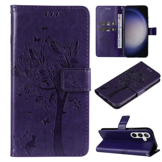 For Samsung Galaxy S25 / S24 5G Tree & Cat Embossed Pattern Flip Leather Phone Case(Purple) - Galaxy S25 5G Cases by PMC Jewellery | Online Shopping South Africa | PMC Jewellery | Buy Now Pay Later Mobicred