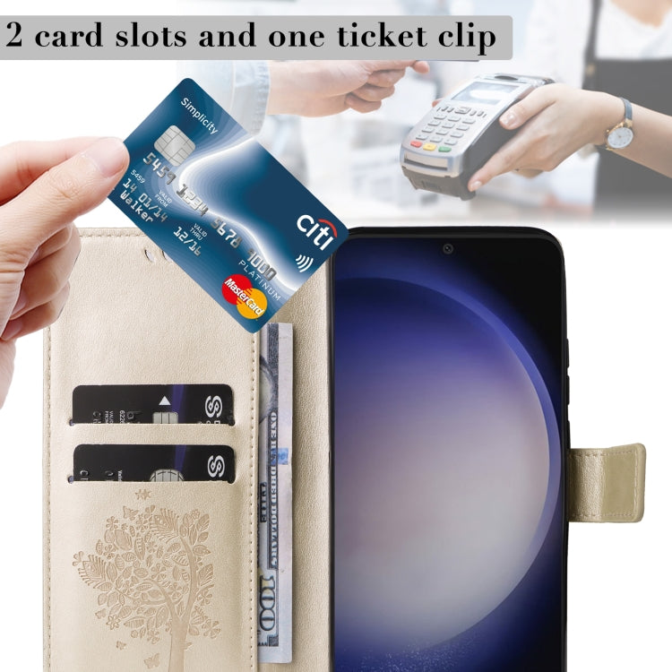 For Samsung Galaxy S25 / S24 5G Tree & Cat Embossed Pattern Flip Leather Phone Case(Gold) - Galaxy S25 5G Cases by PMC Jewellery | Online Shopping South Africa | PMC Jewellery | Buy Now Pay Later Mobicred