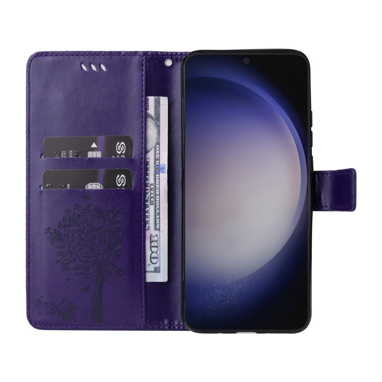 For Samsung Galaxy S25+ / S24+ 5G Tree & Cat Embossed Pattern Flip Leather Phone Case(Purple) - Galaxy S25+ 5G Cases by PMC Jewellery | Online Shopping South Africa | PMC Jewellery | Buy Now Pay Later Mobicred