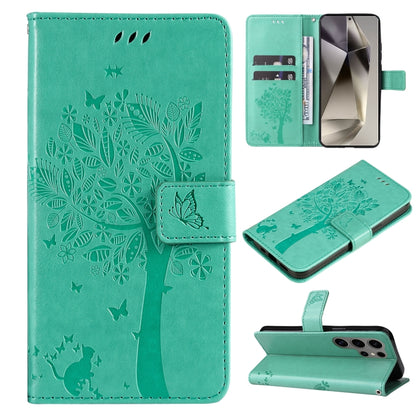 For Samsung Galaxy S25 Ultra 5G Tree & Cat Embossed Pattern Flip Leather Phone Case(Green) - Galaxy S25 Ultra 5G Cases by PMC Jewellery | Online Shopping South Africa | PMC Jewellery | Buy Now Pay Later Mobicred