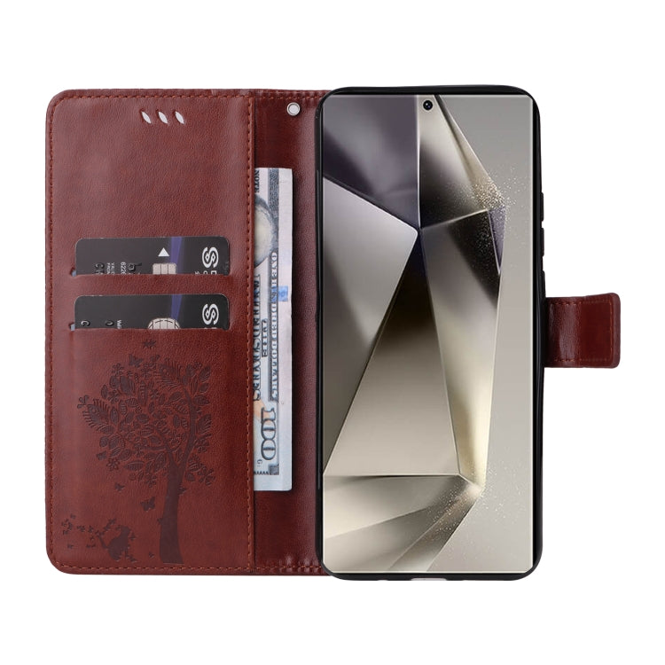 For Samsung Galaxy S25 Ultra 5G Tree & Cat Embossed Pattern Flip Leather Phone Case(Coffee) - Galaxy S25 Ultra 5G Cases by PMC Jewellery | Online Shopping South Africa | PMC Jewellery | Buy Now Pay Later Mobicred