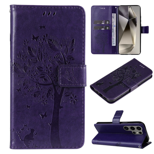 For Samsung Galaxy S25 Ultra 5G Tree & Cat Embossed Pattern Flip Leather Phone Case(Purple) - Galaxy S25 Ultra 5G Cases by PMC Jewellery | Online Shopping South Africa | PMC Jewellery | Buy Now Pay Later Mobicred