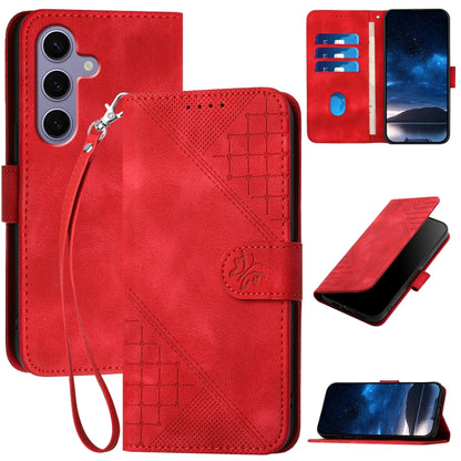 For Samsung Galaxy S25 5G YX0080 Grid Butterfly Embossed Pattern Flip Leather Phone Case with Lanyard(Red) - Galaxy S25 5G Cases by PMC Jewellery | Online Shopping South Africa | PMC Jewellery | Buy Now Pay Later Mobicred