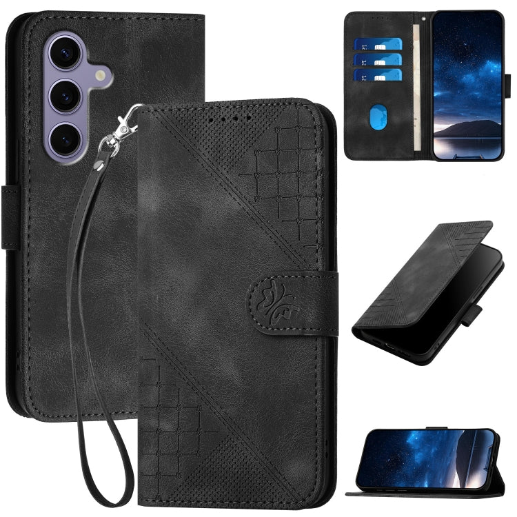 For Samsung Galaxy S25 5G YX0080 Grid Butterfly Embossed Pattern Flip Leather Phone Case with Lanyard(Black) - Galaxy S25 5G Cases by PMC Jewellery | Online Shopping South Africa | PMC Jewellery | Buy Now Pay Later Mobicred