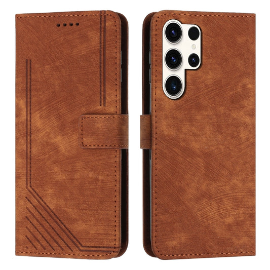 For Samsung Galaxy S25 Ultra 5G Skin Feel Stripe Pattern Leather Phone Case with Long Lanyard(Brown) - Galaxy S25 Ultra 5G Cases by PMC Jewellery | Online Shopping South Africa | PMC Jewellery | Buy Now Pay Later Mobicred