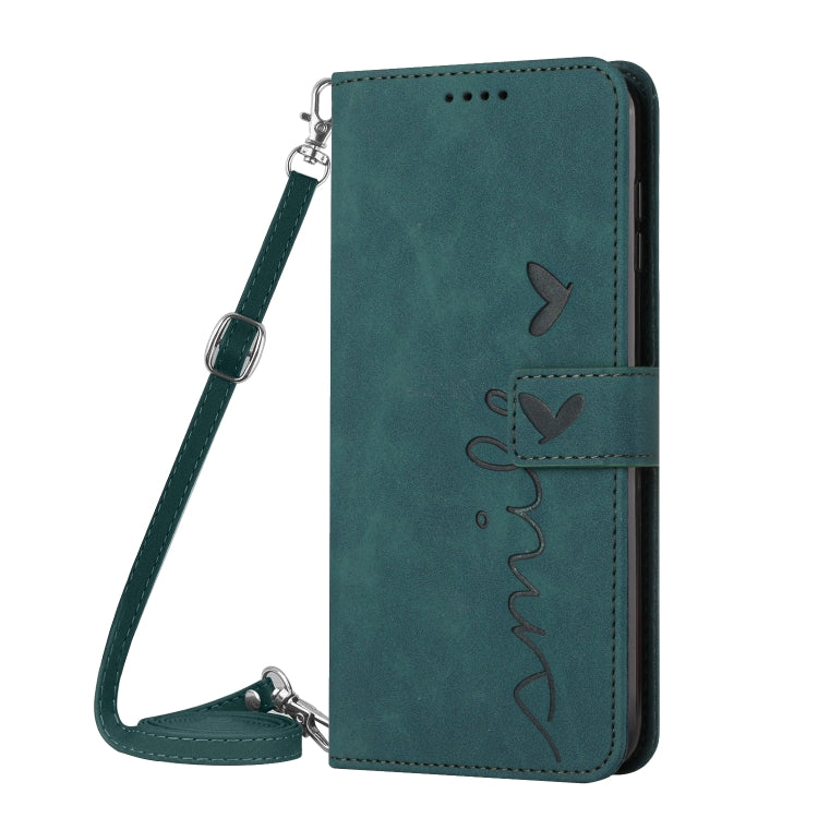 For Samsung Galaxy S25 / S24 5G Skin Feel Heart Embossed Leather Phone Case with Long Lanyard(Green) - Galaxy S25 5G Cases by PMC Jewellery | Online Shopping South Africa | PMC Jewellery | Buy Now Pay Later Mobicred