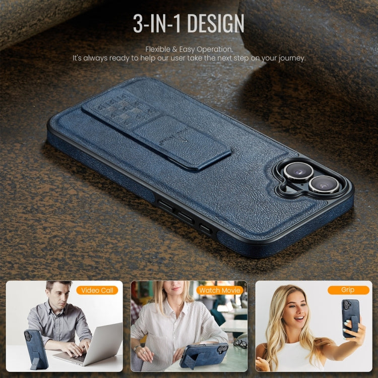 For iPhone 16 Fierre Shann Oil Wax Cow Leather Holder Back Phone Case(Blue) - iPhone 16 Cases by FIERRE SHANN | Online Shopping South Africa | PMC Jewellery | Buy Now Pay Later Mobicred