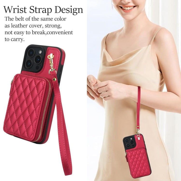 For iPhone 16 Pro Max AwQuer Crossbody Zipper Wallet Rhombic Leather Back Phone Case(Red) - free shipping - PMC Jewellery - Order now!