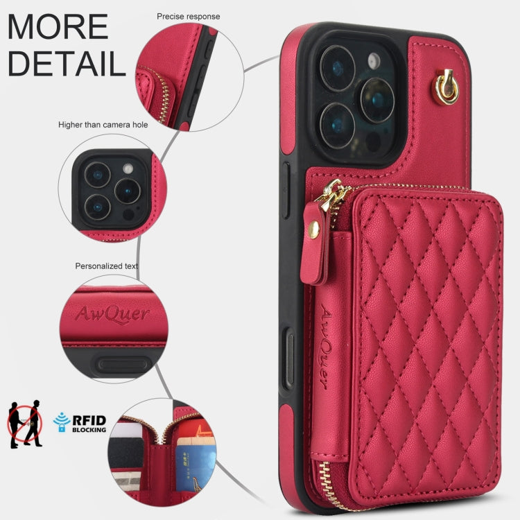 For iPhone 16 Pro Max AwQuer Crossbody Zipper Wallet Rhombic Leather Back Phone Case(Red) - free shipping - PMC Jewellery - Order now!