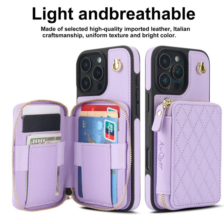 For iPhone 16 Pro Max AwQuer Crossbody Zipper Wallet Rhombic Leather Back Phone Case(Purple) - free shipping - PMC Jewellery - Order now!
