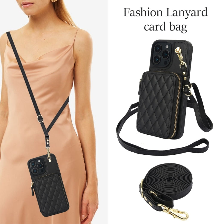 For iPhone 16 Pro AwQuer Crossbody Zipper Wallet Rhombic Leather Back Phone Case(Black) - free shipping - PMC Jewellery - Order now!