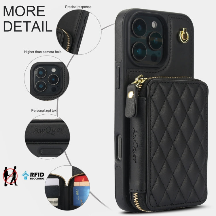 For iPhone 16 Pro AwQuer Crossbody Zipper Wallet Rhombic Leather Back Phone Case(Black) - free shipping - PMC Jewellery - Order now!