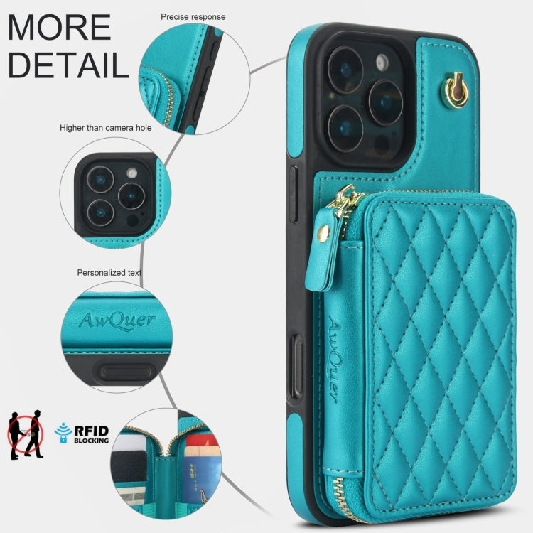 For iPhone 16 Pro AwQuer Crossbody Zipper Wallet Rhombic Leather Back Phone Case(Green) - iPhone 16 Pro Cases by Awquer | Online Shopping South Africa | PMC Jewellery | Buy Now Pay Later Mobicred