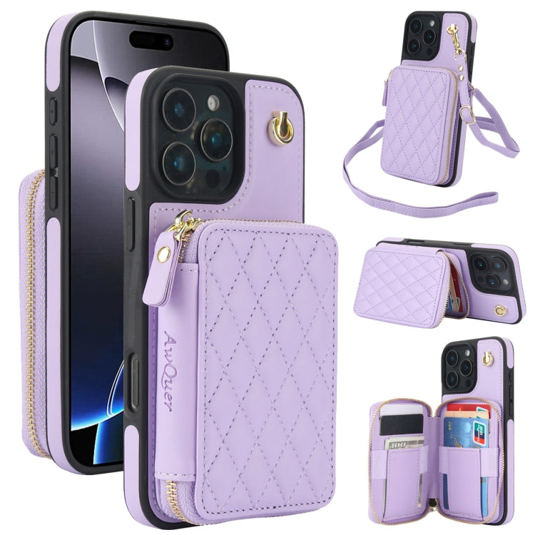 For iPhone 16 Pro AwQuer Crossbody Zipper Wallet Rhombic Leather Back Phone Case(Purple) - iPhone 16 Pro Cases by Awquer | Online Shopping South Africa | PMC Jewellery | Buy Now Pay Later Mobicred