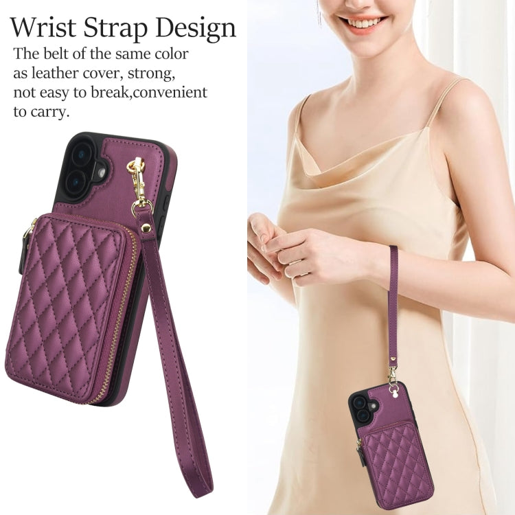 For iPhone 16 Plus AwQuer Crossbody Zipper Wallet Rhombic Leather Back Phone Case(Dark Purple) - iPhone 16 Plus Cases by Awquer | Online Shopping South Africa | PMC Jewellery | Buy Now Pay Later Mobicred