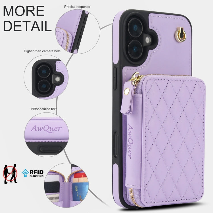 For iPhone 16 Plus AwQuer Crossbody Zipper Wallet Rhombic Leather Back Phone Case(Purple) - iPhone 16 Plus Cases by Awquer | Online Shopping South Africa | PMC Jewellery | Buy Now Pay Later Mobicred