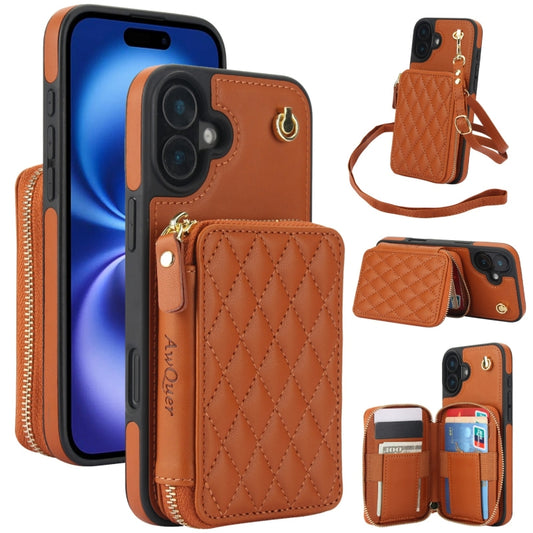 For iPhone 16 Plus AwQuer Crossbody Zipper Wallet Rhombic Leather Back Phone Case(Brown) - iPhone 16 Plus Cases by Awquer | Online Shopping South Africa | PMC Jewellery | Buy Now Pay Later Mobicred