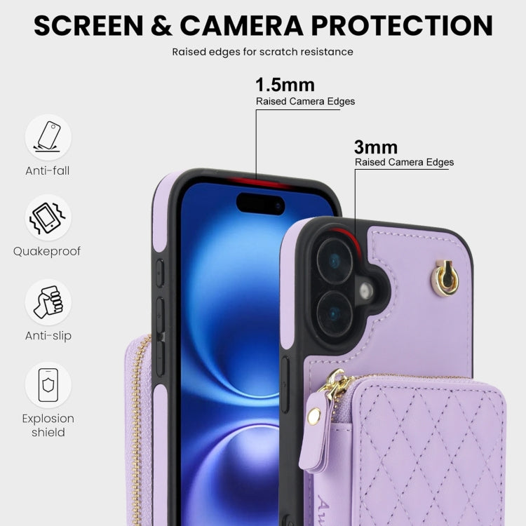 For iPhone 16 AwQuer Crossbody Zipper Wallet Rhombic Leather Back Phone Case(Purple) - iPhone 16 Cases by Awquer | Online Shopping South Africa | PMC Jewellery | Buy Now Pay Later Mobicred