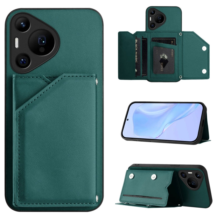 For Huawei Pura 70 Pro Skin Feel Four Card Slots Phone Case with Wrist Strap(Green) - Huawei Cases by PMC Jewellery | Online Shopping South Africa | PMC Jewellery | Buy Now Pay Later Mobicred