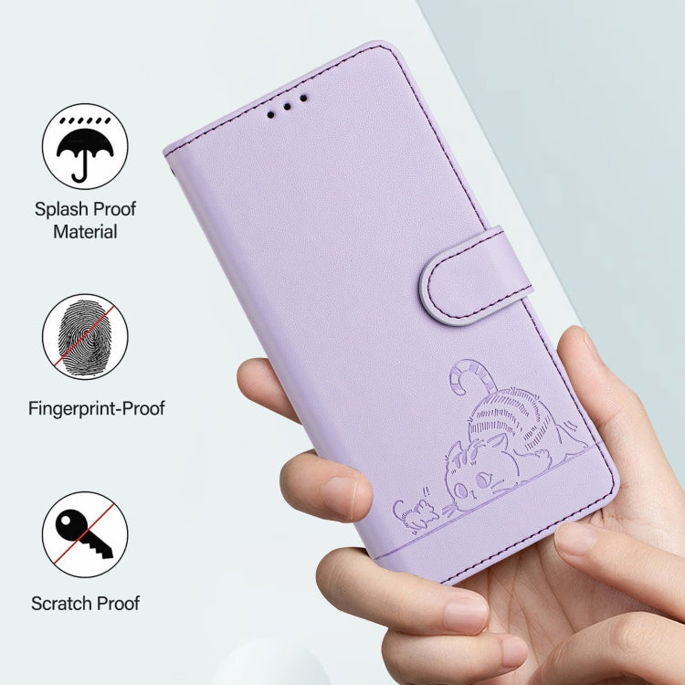 For Doogee N55 Plus Cat Rat Embossed Pattern RFID Leather Phone Case with Lanyard(Purple) - Doogee Cases by PMC TechLife | Online Shopping South Africa | PMC TechLife | Buy Now Pay Later Mobicred