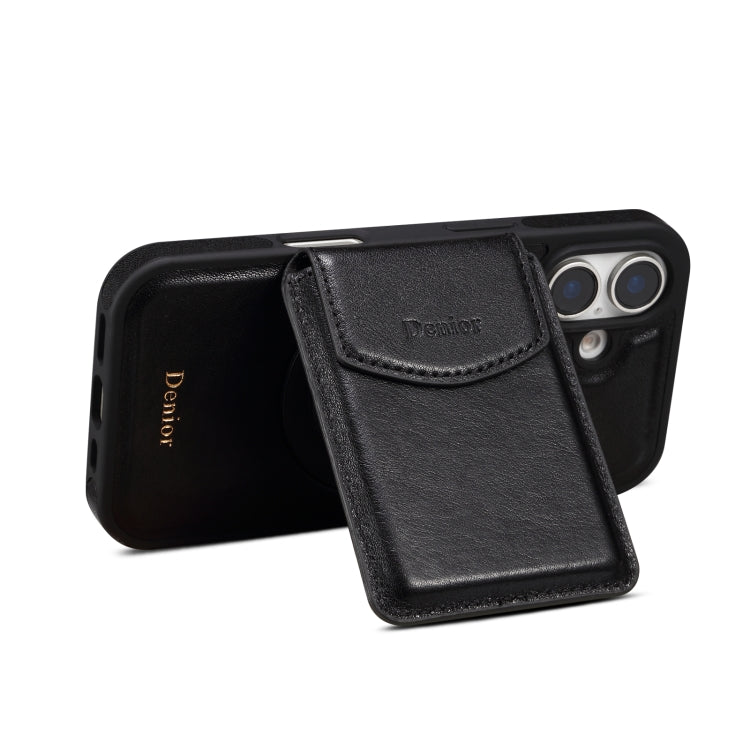 For iPhone 16 Plus Denior D22 Genuine Leather MagSafe Holder Detachable Card Slot Phone Case(Black) - iPhone 16 Plus Cases by Denior | Online Shopping South Africa | PMC Jewellery | Buy Now Pay Later Mobicred